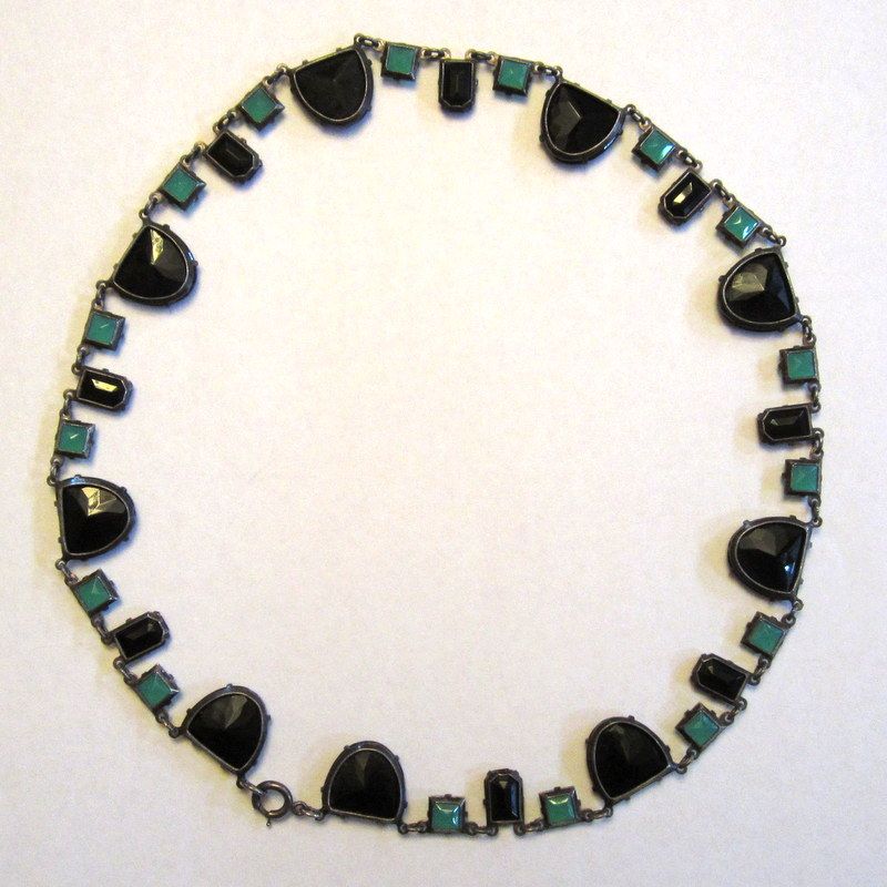 Art Deco Necklace, Sterling, Jadite, Marcasite, Black Carved Art Glass Art Deco Necklace, Sterling, Jadite, Marcasite, Black Carved Art Glass