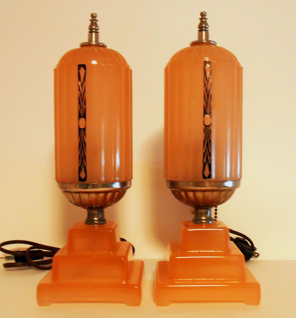 Pair Matching Vintage Boudoir Pink Art Deco Lamps Pair Matching Vintage Boudoir Pink Art Deco Lamps