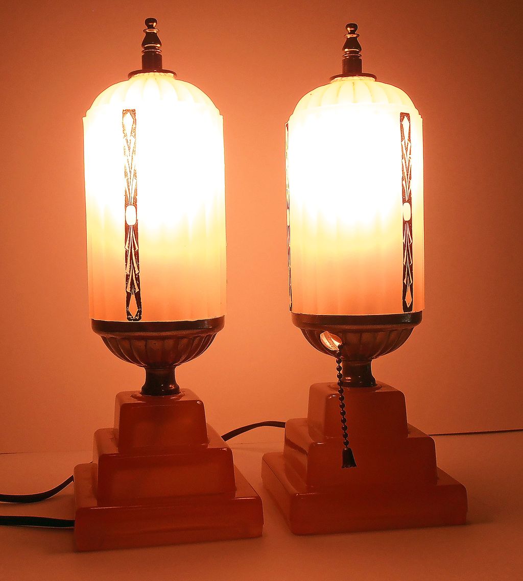 Pair Matching Vintage Boudoir Pink Art Deco Lamps Pair Matching Vintage Boudoir Pink Art Deco Lamps