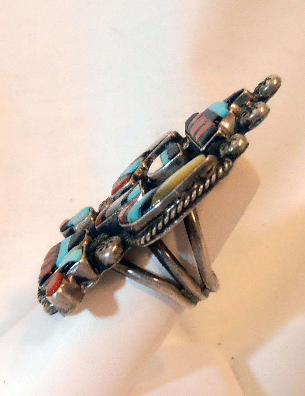 Vintage Pawn Zuni Inlaid Native American Ring 1950's Figural Vintage Pawn Zuni Inlaid Native American Ring 1950's Figural