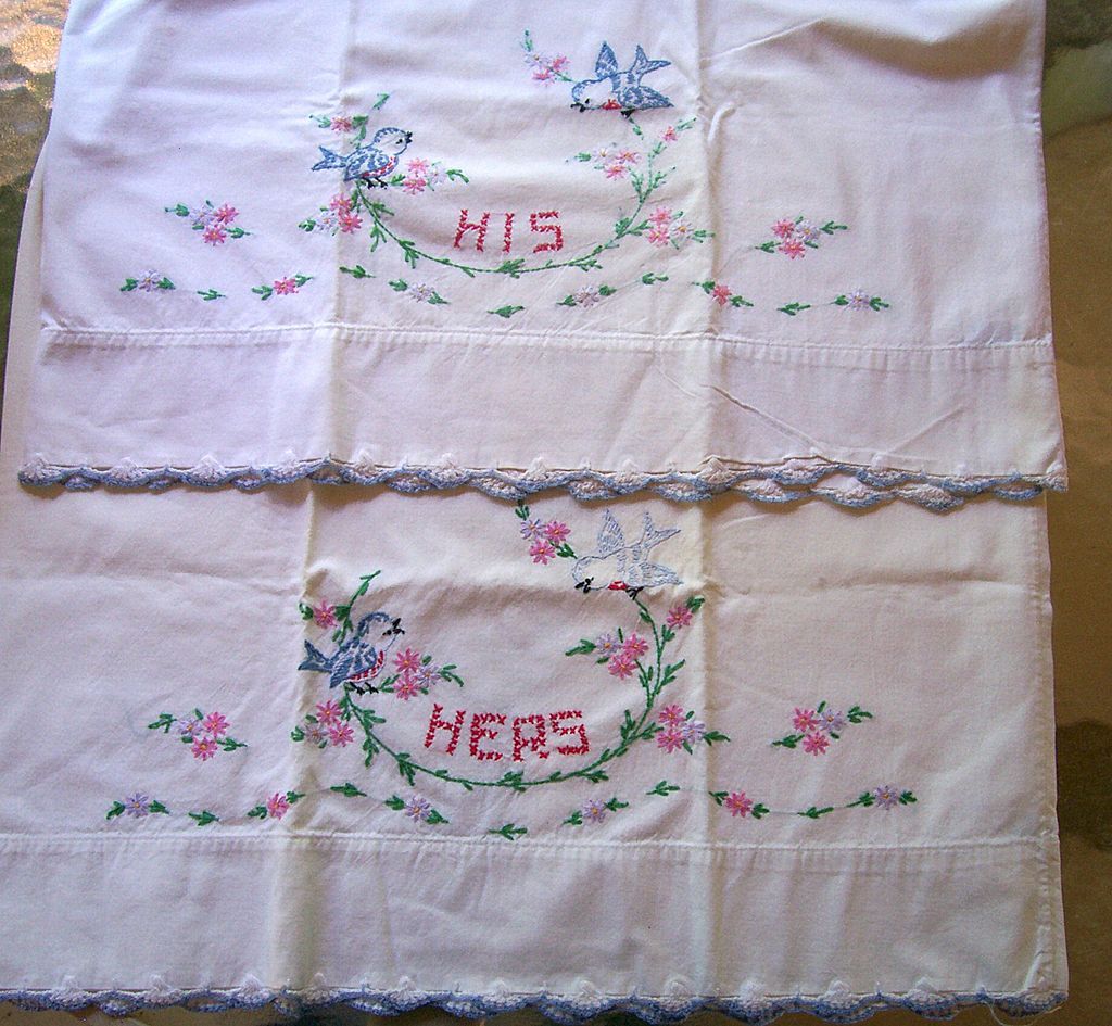 Delightful vintage Hand Embroidered Pillowcases Flowers and Blue Birds Delightful vintage Hand Embroidered Pillowcases Flowers and Blue Birds
