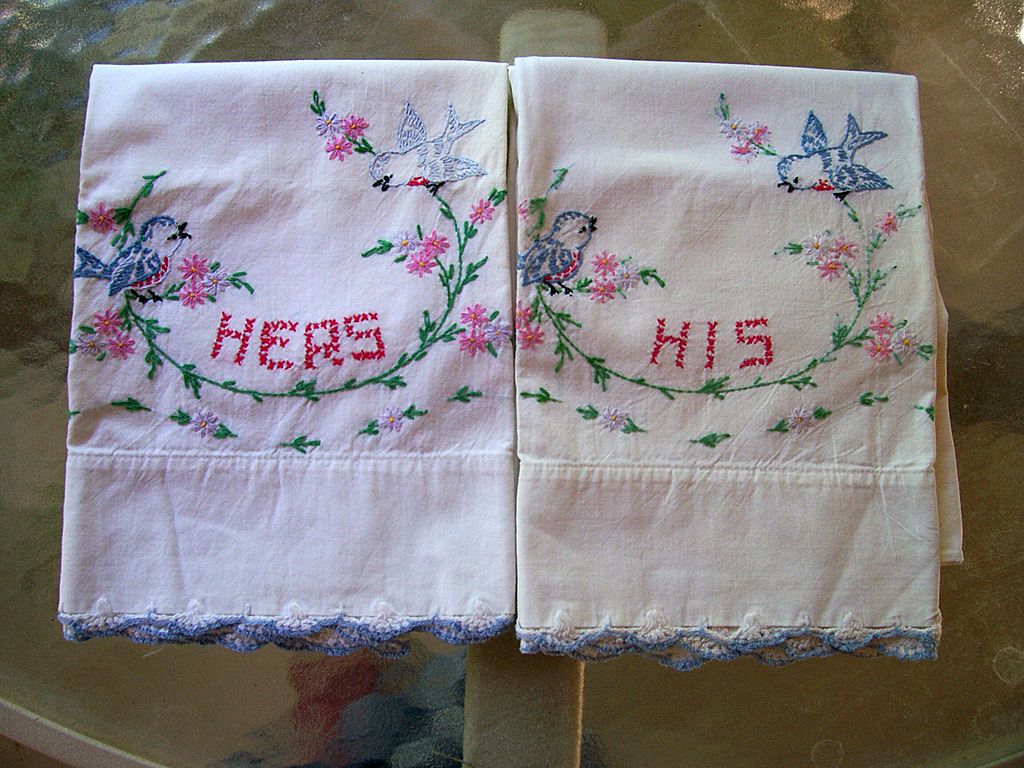 Delightful vintage Hand Embroidered Pillowcases Flowers and Blue Birds Delightful vintage Hand Embroidered Pillowcases Flowers and Blue Birds