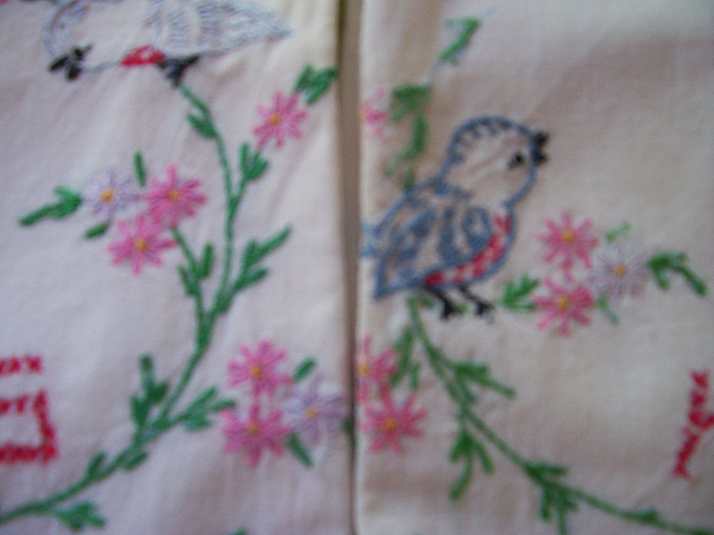 Delightful vintage Hand Embroidered Pillowcases Flowers and Blue Birds Delightful vintage Hand Embroidered Pillowcases Flowers and Blue Birds