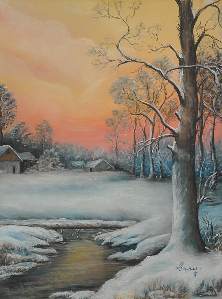 Charming Vintage Winter Landscape Signed Gray c. 1940 Charming Vintage Winter Landscape Signed Gray c. 1940