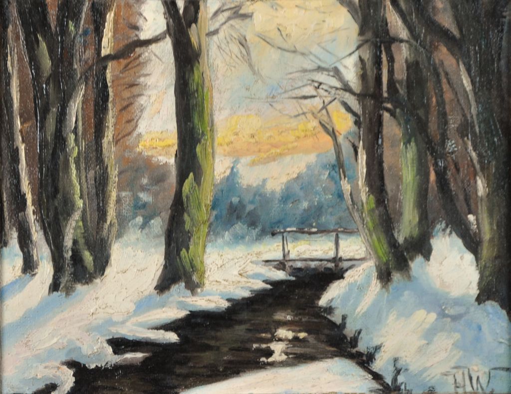 Charming Snowy Landscape Signed by Artist circa 1940 Charming Snowy Landscape Signed by Artist circa 1940