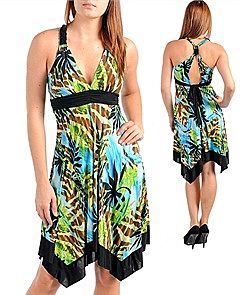 Blue and green leaf print halter dress pad bra scarf hemline Blue and green leaf print halter dress pad bra scarf hemline