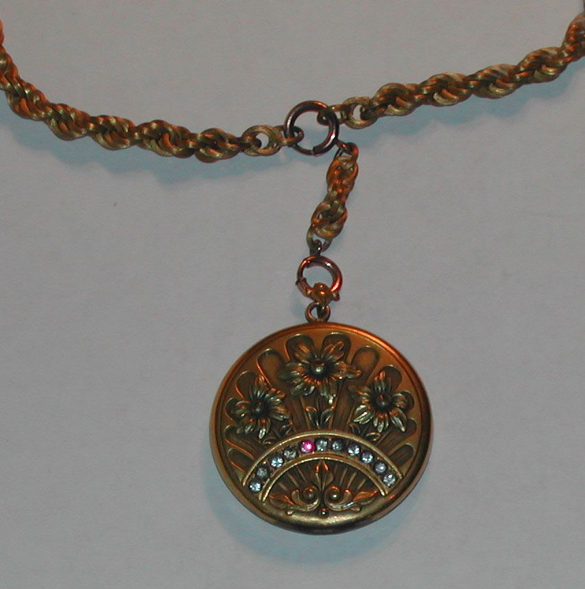 Antique Victorian Raised Flowers Rhinestones Locket & Braided Chain Antique Victorian Raised Flowers Rhinestones Locket & Braided Chain