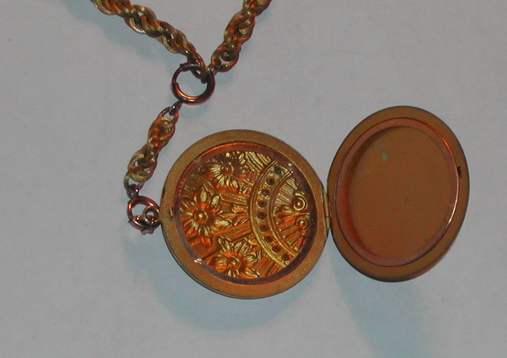 Antique Victorian Raised Flowers Rhinestones Locket & Braided Chain Antique Victorian Raised Flowers Rhinestones Locket & Braided Chain