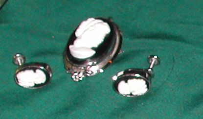 Vintage c. 40s Van Dell Jet Mourning Cameo Pin & Earrings Sterling Silver Vintage c. 40s Van Dell Jet Mourning Cameo Pin & Earrings Sterling Silver