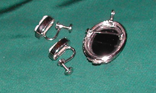 Vintage c. 40s Van Dell Jet Mourning Cameo Pin & Earrings Sterling Silver Vintage c. 40s Van Dell Jet Mourning Cameo Pin & Earrings Sterling Silver