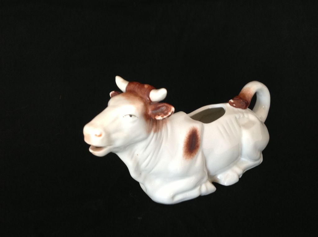 Vintage Mid 19th Century German Brown and White Pottery Cow Creamer or Jug Vintage Mid 19th Century German Brown and White Pottery Cow Creamer or Jug