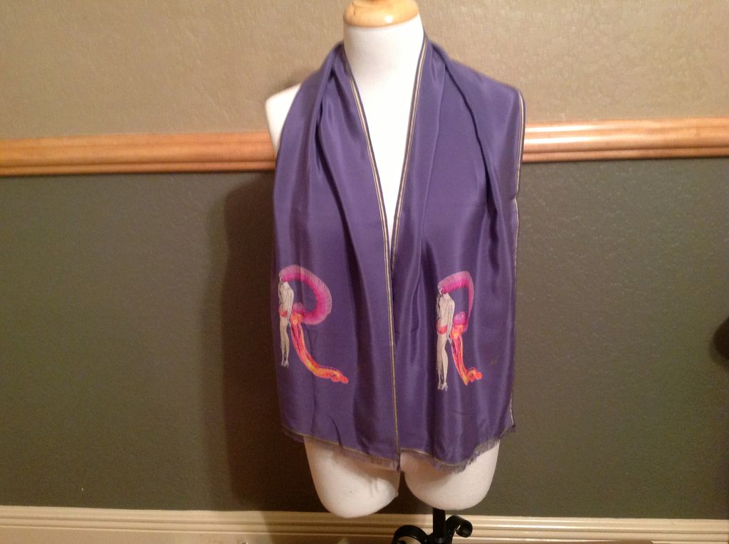Vintage Silk Erte Scarf 12" by 54 1/2" Lavender, Gold, and Pink Vintage Silk Erte Scarf 12" by 54 1/2" Lavender, Gold, and Pink