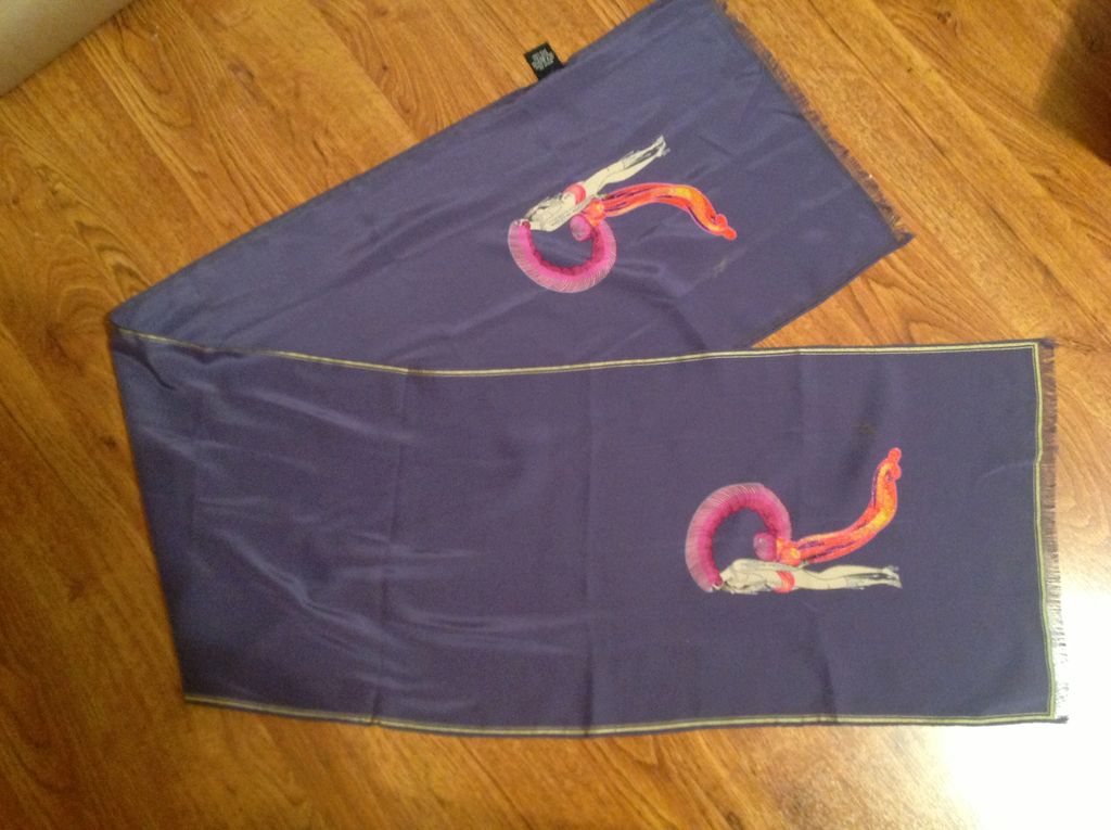 Vintage Silk Erte Scarf 12" by 54 1/2" Lavender, Gold, and Pink Vintage Silk Erte Scarf 12" by 54 1/2" Lavender, Gold, and Pink