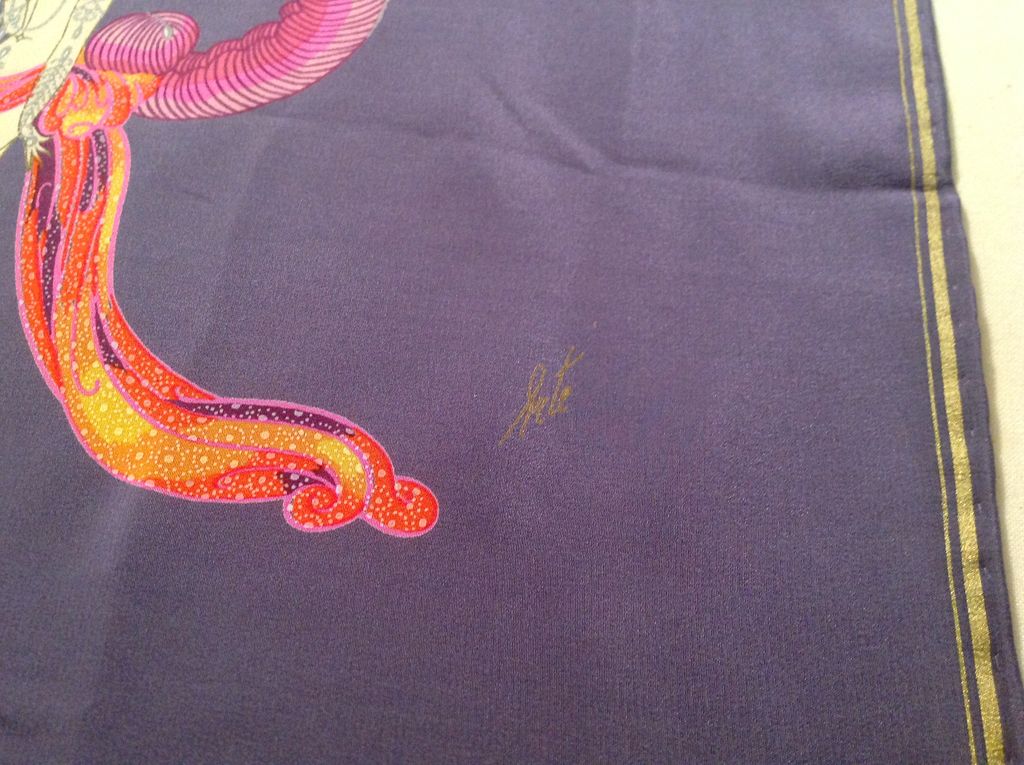 Vintage Silk Erte Scarf 12" by 54 1/2" Lavender, Gold, and Pink Vintage Silk Erte Scarf 12" by 54 1/2" Lavender, Gold, and Pink