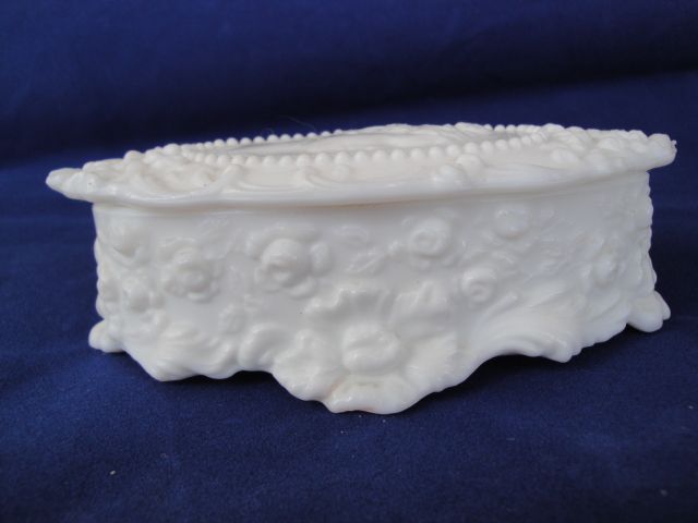 Fostoria Jenny Lind Milk Glass Cameo Jewel Box Original Labels Fostoria Jenny Lind Milk Glass Cameo Jewel Box Original Labels