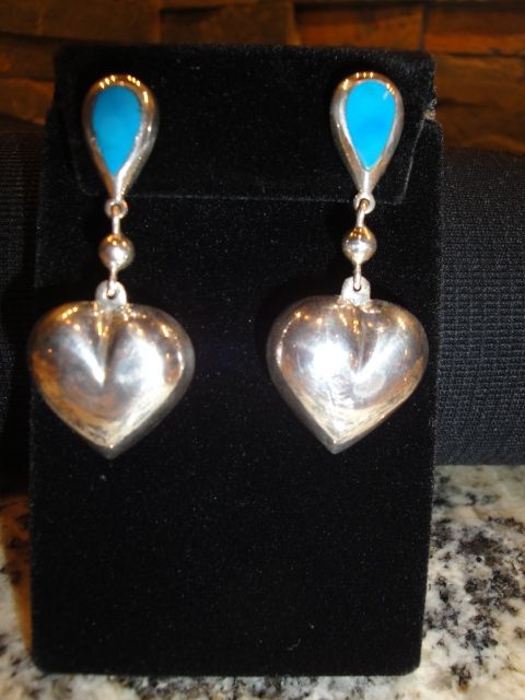 Vintage Sterling & Turquoise Puff Heart Earrings Marked .925 Vintage Sterling & Turquoise Puff Heart Earrings Marked .925