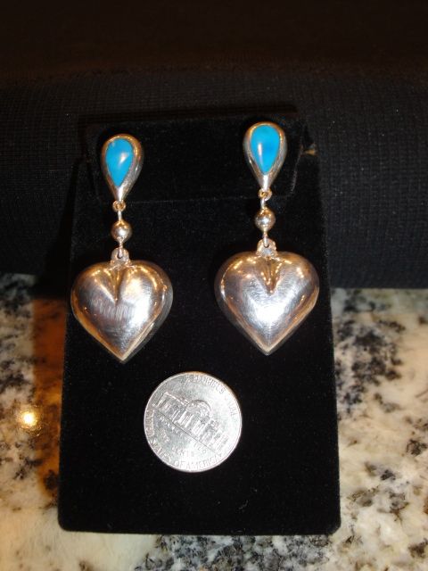 Vintage Sterling & Turquoise Puff Heart Earrings Marked .925 Vintage Sterling & Turquoise Puff Heart Earrings Marked .925