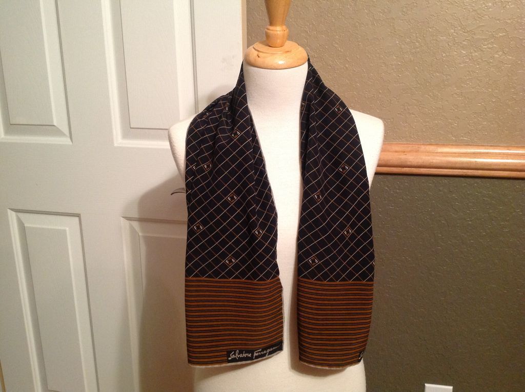 Vintage Salvatore Ferragamo Scarf 11" by 44" Silk Black, Brown and Gray Vintage Salvatore Ferragamo Scarf 11" by 44" Silk Black, Brown and Gray