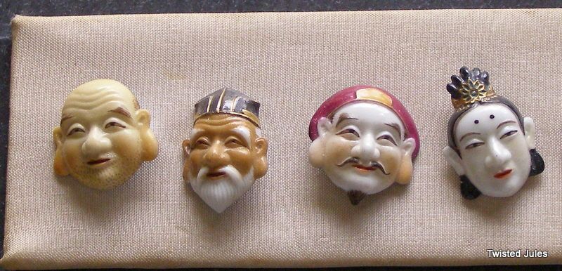 Toshikane 7 Gods of Fortune Porcelain buttons, 1940s, Japan Toshikane 7 Gods of Fortune Porcelain buttons, 1940s, Japan
