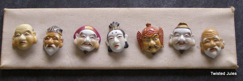 Toshikane 7 Gods of Fortune Porcelain buttons, 1940s, Japan Toshikane 7 Gods of Fortune Porcelain buttons, 1940s, Japan