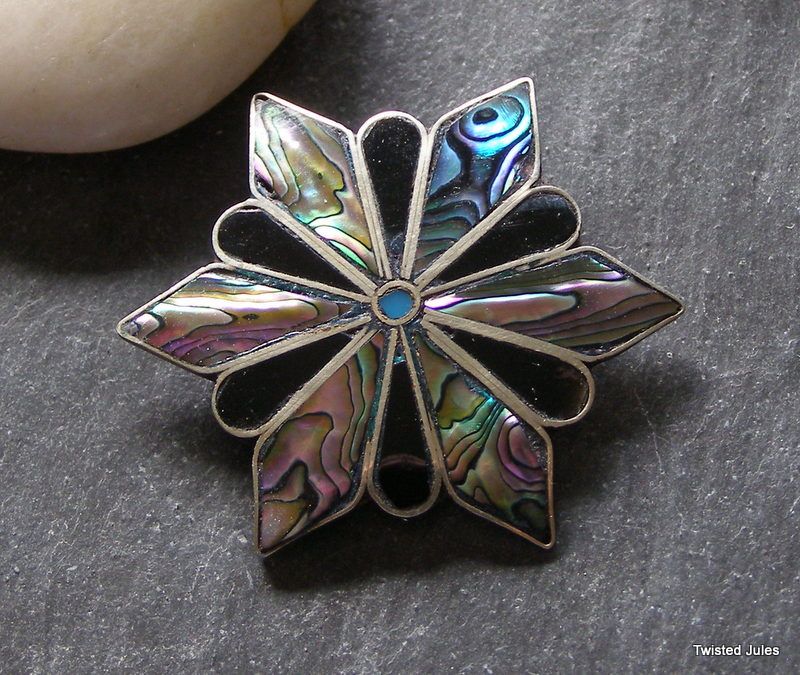 Mexico Taxco Alpaca MOP onyx pin pendant, abalone Mexico Taxco Alpaca MOP onyx pin pendant, abalone