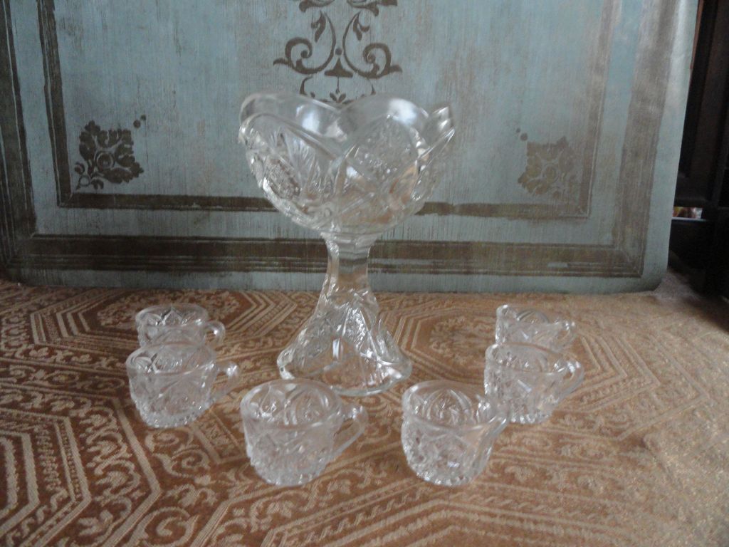 Hard to Find Pressed Glass Footed Punch Bowl and Cups Hard to Find Pressed Glass Footed Punch Bowl and Cups