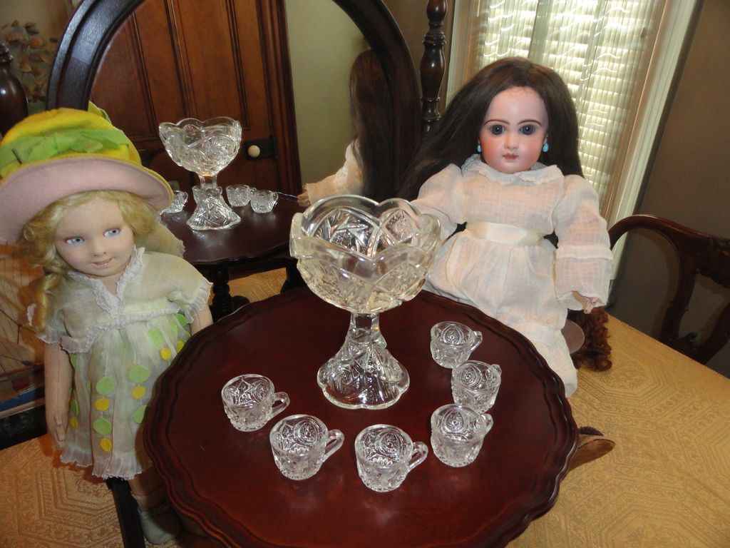 Hard to Find Pressed Glass Footed Punch Bowl and Cups Hard to Find Pressed Glass Footed Punch Bowl and Cups