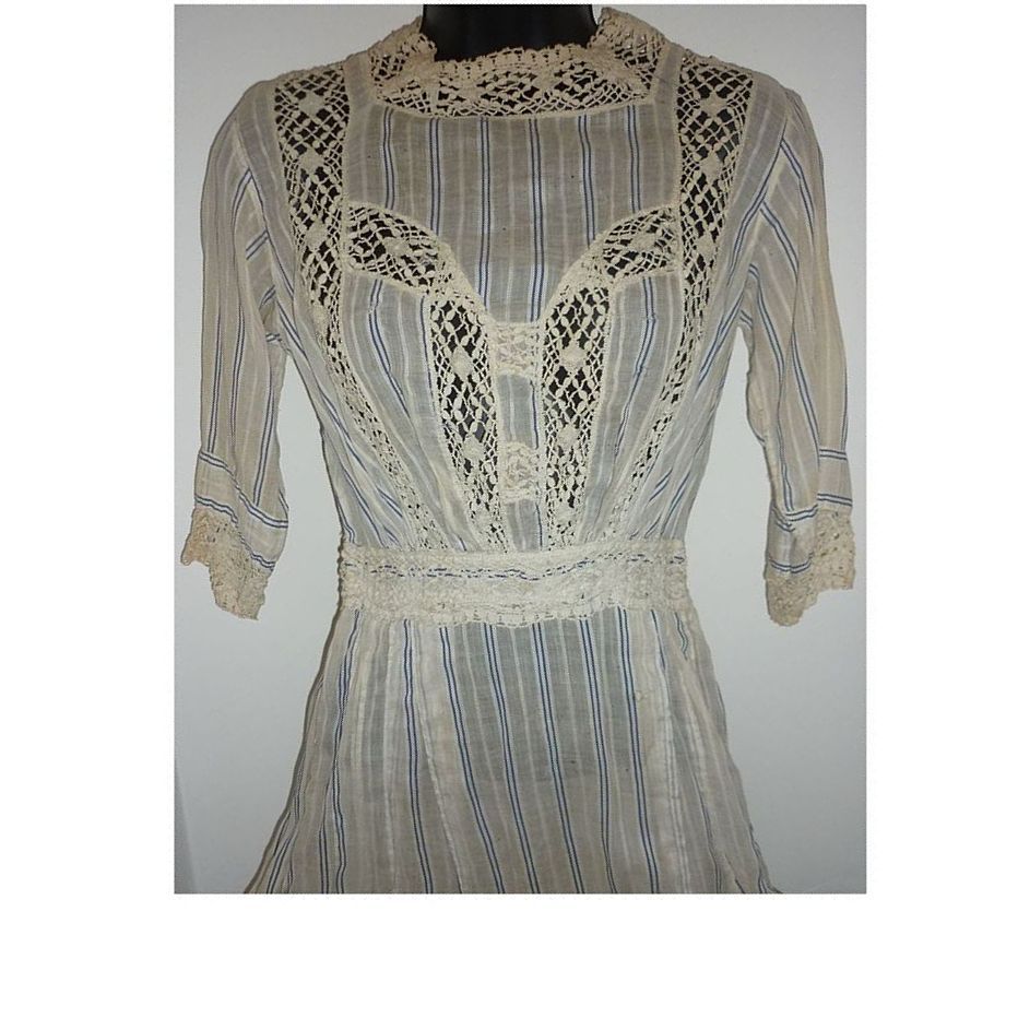 Edwardian- Ladies- Tea Dress -Handmade Lace Inset -Striped Cotton -TLC Please Edwardian- Ladies- Tea Dress -Handmade Lace Inset -Striped Cotton -TLC Please