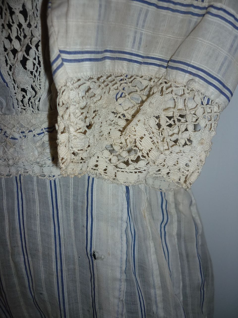 Edwardian- Ladies- Tea Dress -Handmade Lace Inset -Striped Cotton -TLC Please Edwardian- Ladies- Tea Dress -Handmade Lace Inset -Striped Cotton -TLC Please