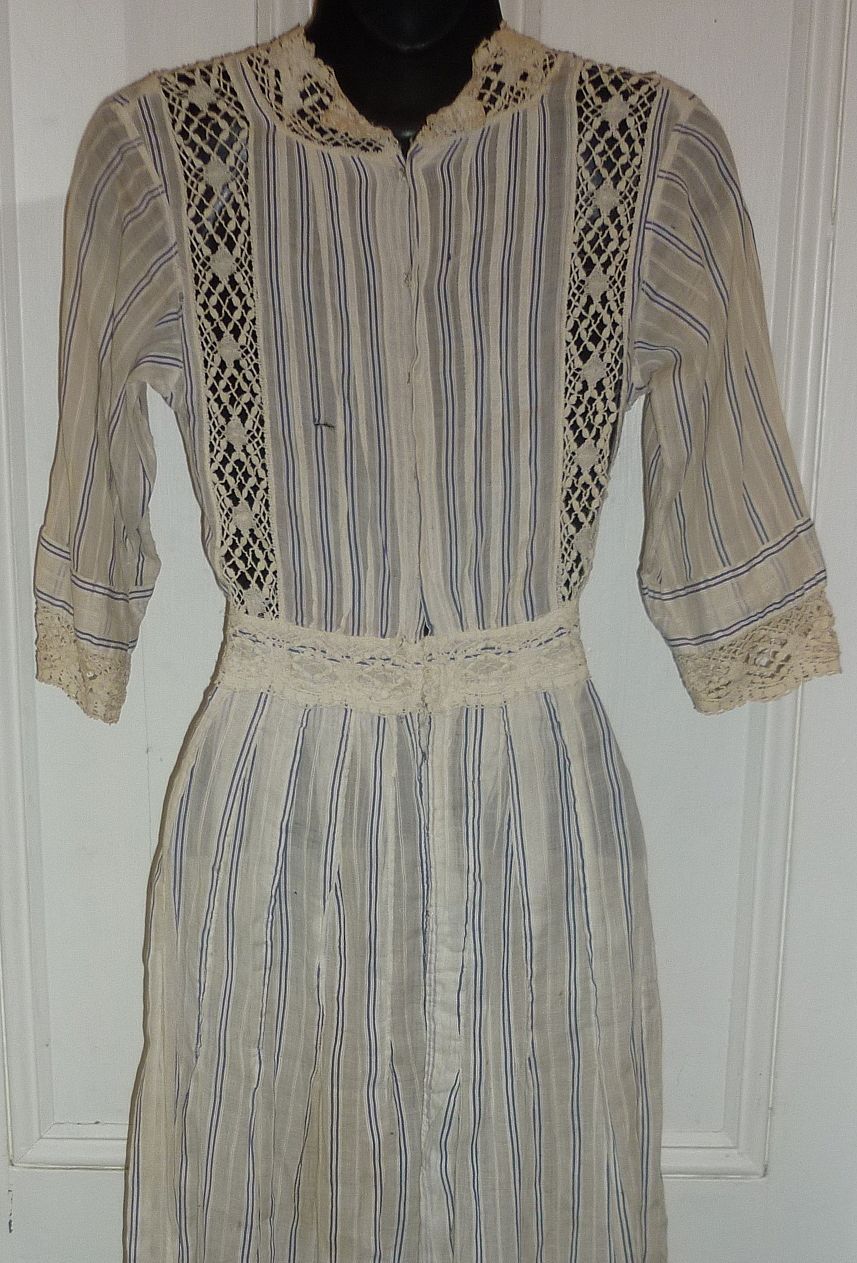 Edwardian- Ladies- Tea Dress -Handmade Lace Inset -Striped Cotton -TLC Please Edwardian- Ladies- Tea Dress -Handmade Lace Inset -Striped Cotton -TLC Please