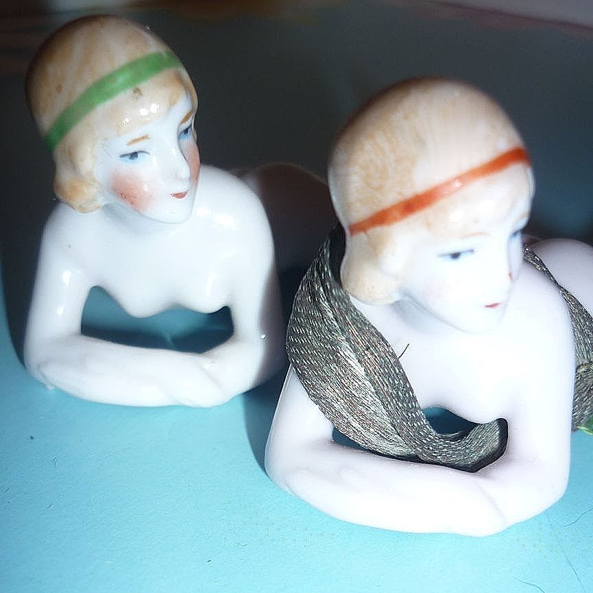 Pair of Bisque Bathing Beauty Figures -1920's -unmarked, German Pair of Bisque Bathing Beauty Figures -1920's -unmarked, German