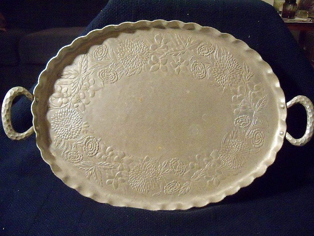 Vintage Hammered Aluminum Floral Platter - Large Vintage Hammered Aluminum Floral Platter - Large