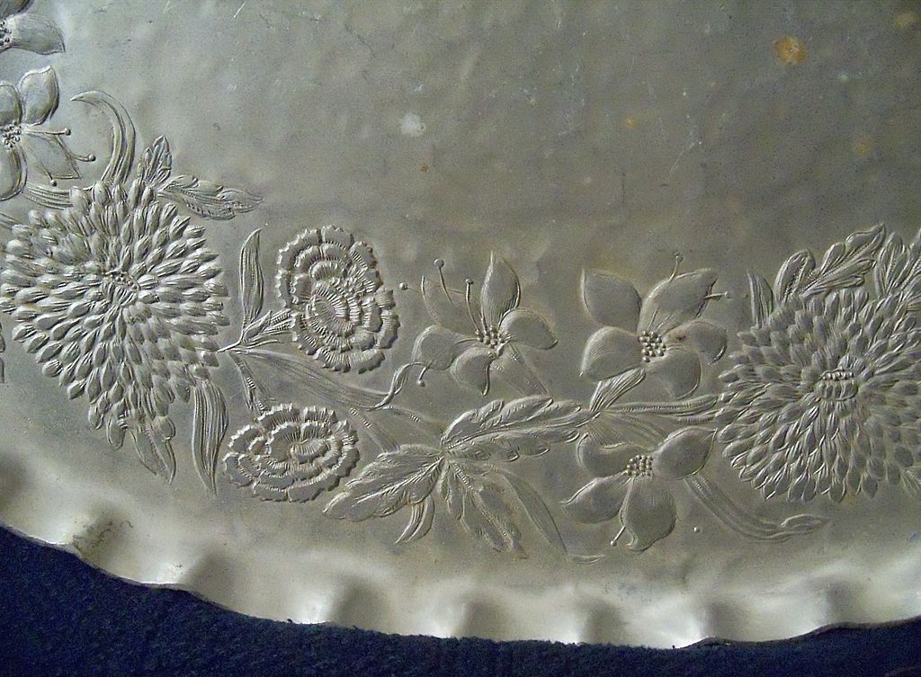 Vintage Hammered Aluminum Floral Platter - Large Vintage Hammered Aluminum Floral Platter - Large