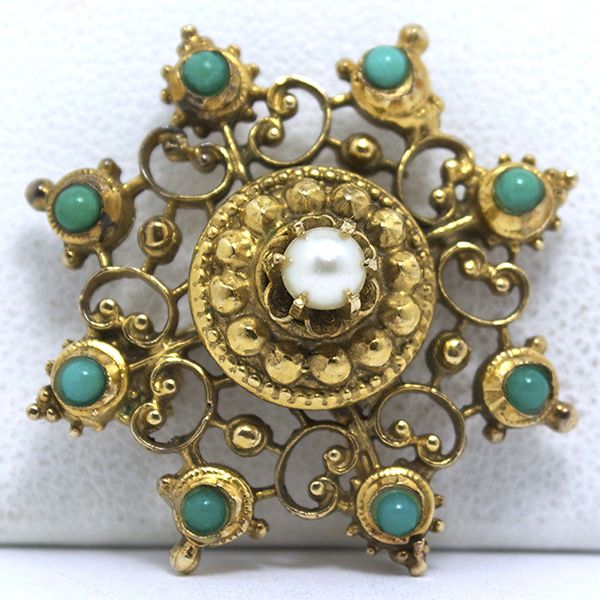 Vintage 14KT Pearl and Faux Turquoise Bead Brooch Pendant Vintage 14KT Pearl and Faux Turquoise Bead Brooch Pendant