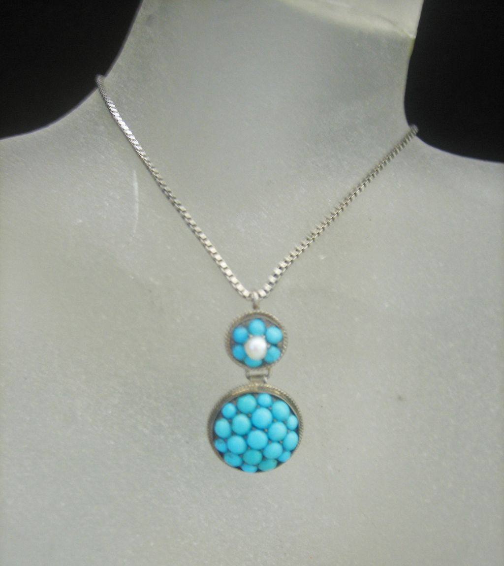 . Antique Georgian Sterling Silver Persian Turquoise and Natural Pearl Pendant Necklace MINT . Antique Georgian Sterling Silver Persian Turquoise and Natural Pearl Pendant Necklace MINT