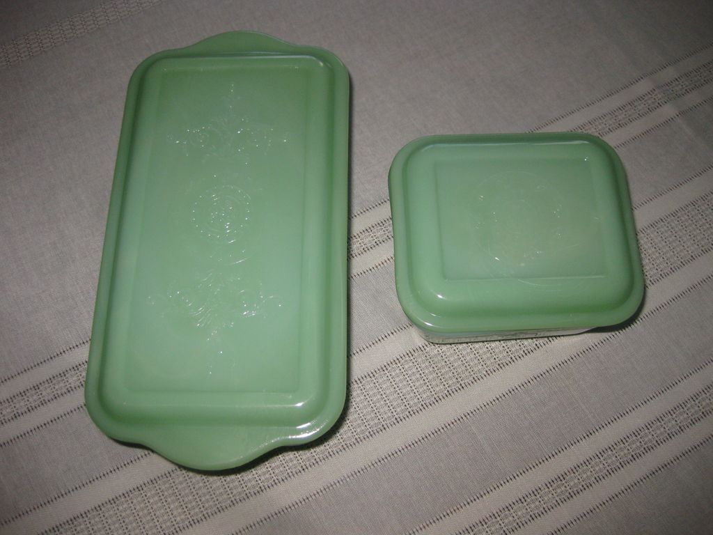 Jadeite by Fire King Philbe Pattern Loaf Pan and Refrigerator Dish with Lids Jadeite by Fire King Philbe Pattern Loaf Pan and Refrigerator Dish with Lids