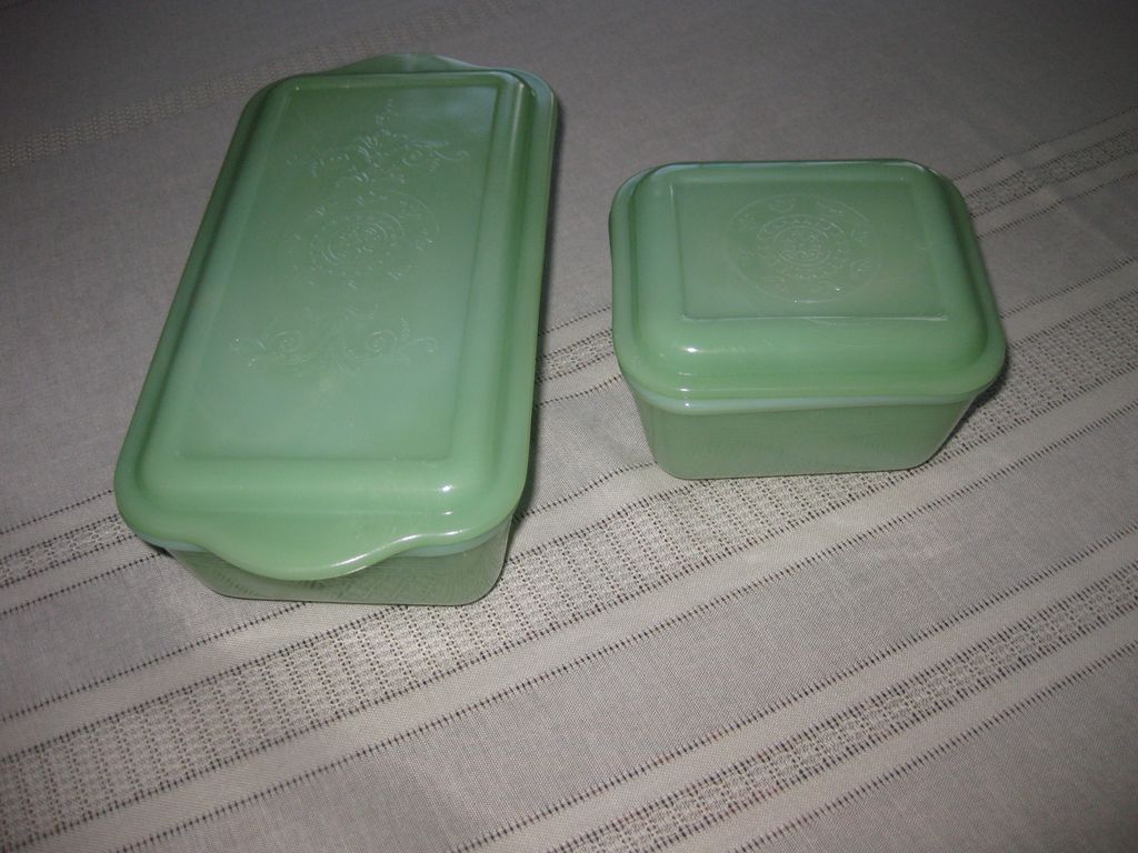 Jadeite by Fire King Philbe Pattern Loaf Pan and Refrigerator Dish with Lids Jadeite by Fire King Philbe Pattern Loaf Pan and Refrigerator Dish with Lids