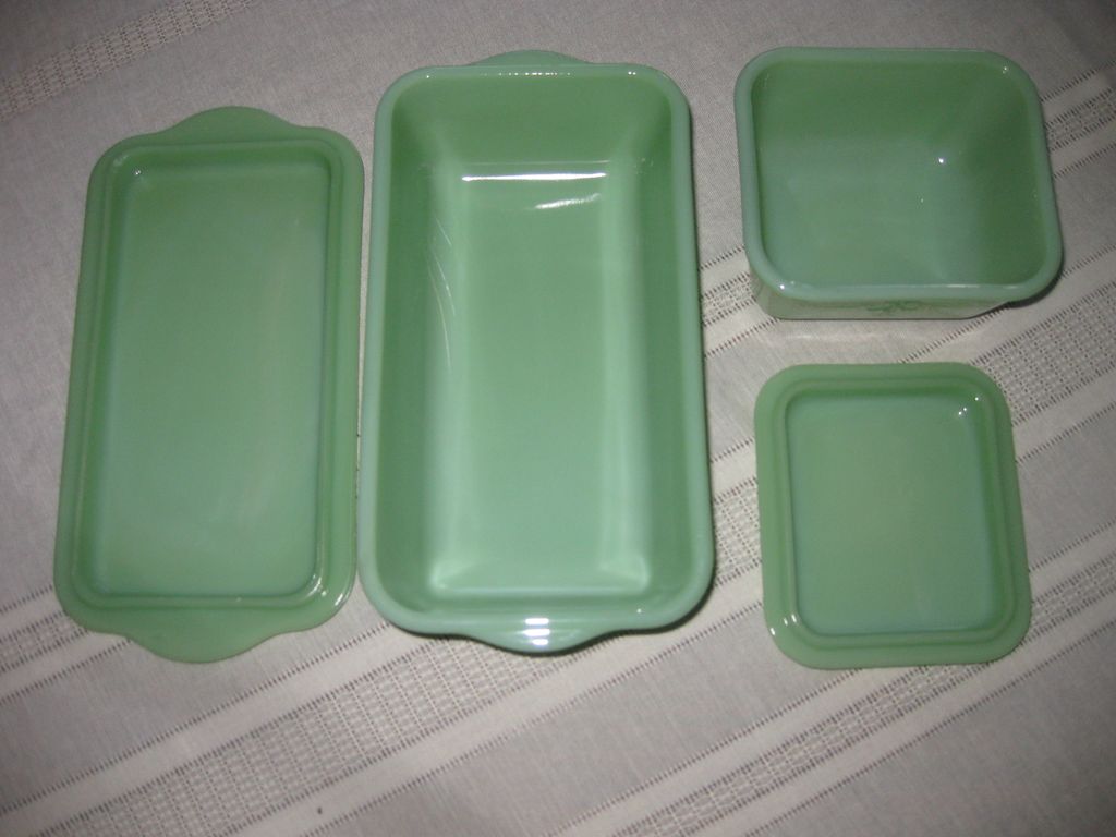 Jadeite by Fire King Philbe Pattern Loaf Pan and Refrigerator Dish with Lids Jadeite by Fire King Philbe Pattern Loaf Pan and Refrigerator Dish with Lids