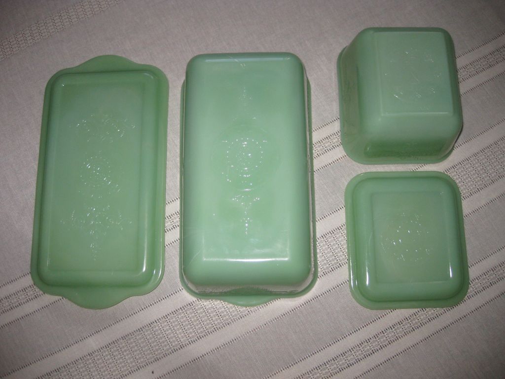 Jadeite by Fire King Philbe Pattern Loaf Pan and Refrigerator Dish with Lids Jadeite by Fire King Philbe Pattern Loaf Pan and Refrigerator Dish with Lids