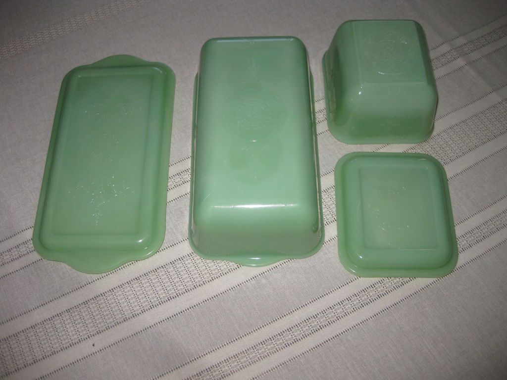Jadeite by Fire King Philbe Pattern Loaf Pan and Refrigerator Dish with Lids Jadeite by Fire King Philbe Pattern Loaf Pan and Refrigerator Dish with Lids