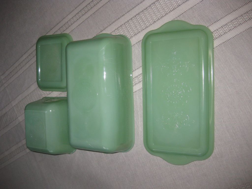 Jadeite by Fire King Philbe Pattern Loaf Pan and Refrigerator Dish with Lids Jadeite by Fire King Philbe Pattern Loaf Pan and Refrigerator Dish with Lids