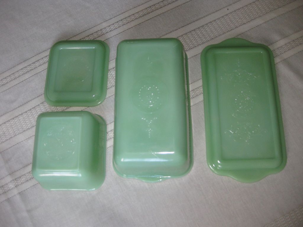 Jadeite by Fire King Philbe Pattern Loaf Pan and Refrigerator Dish with Lids Jadeite by Fire King Philbe Pattern Loaf Pan and Refrigerator Dish with Lids