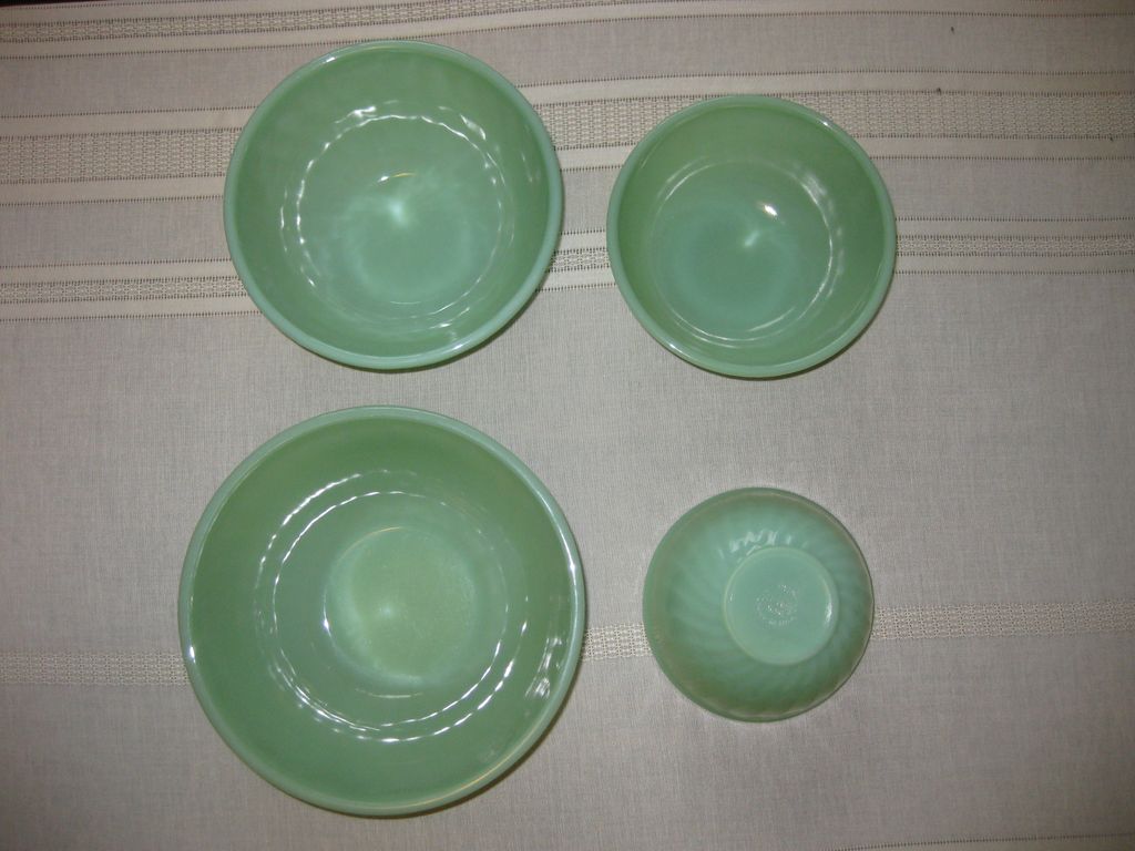 Jadeite by Fire King Four Piece Swirl Nesting Bowls Set of Four Jadeite by Fire King Four Piece Swirl Nesting Bowls Set of Four