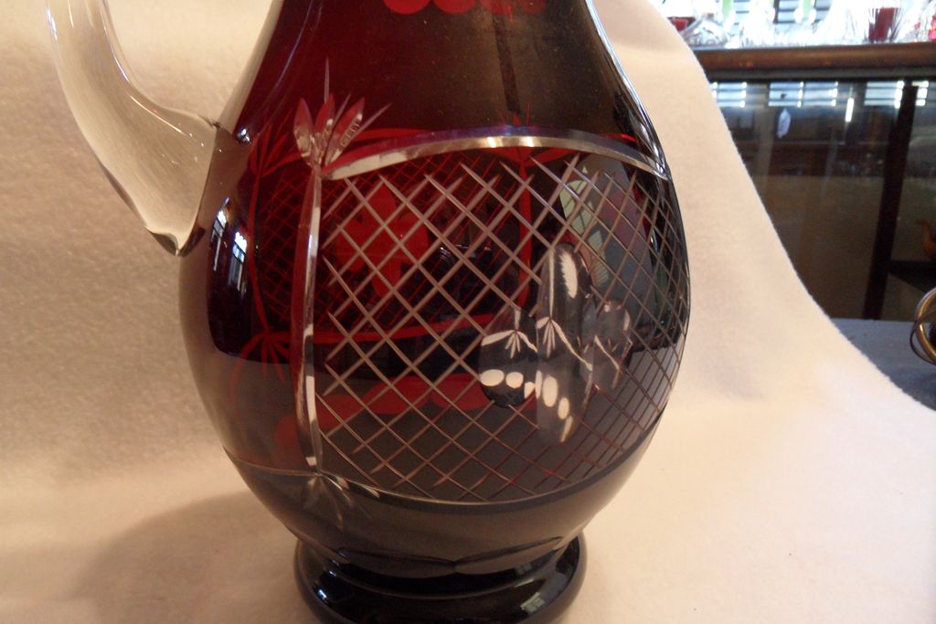 Vintage - Bohemian Ruby Glass Cut to Clear - Pitcher 10" Vintage - Bohemian Ruby Glass Cut to Clear - Pitcher 10"
