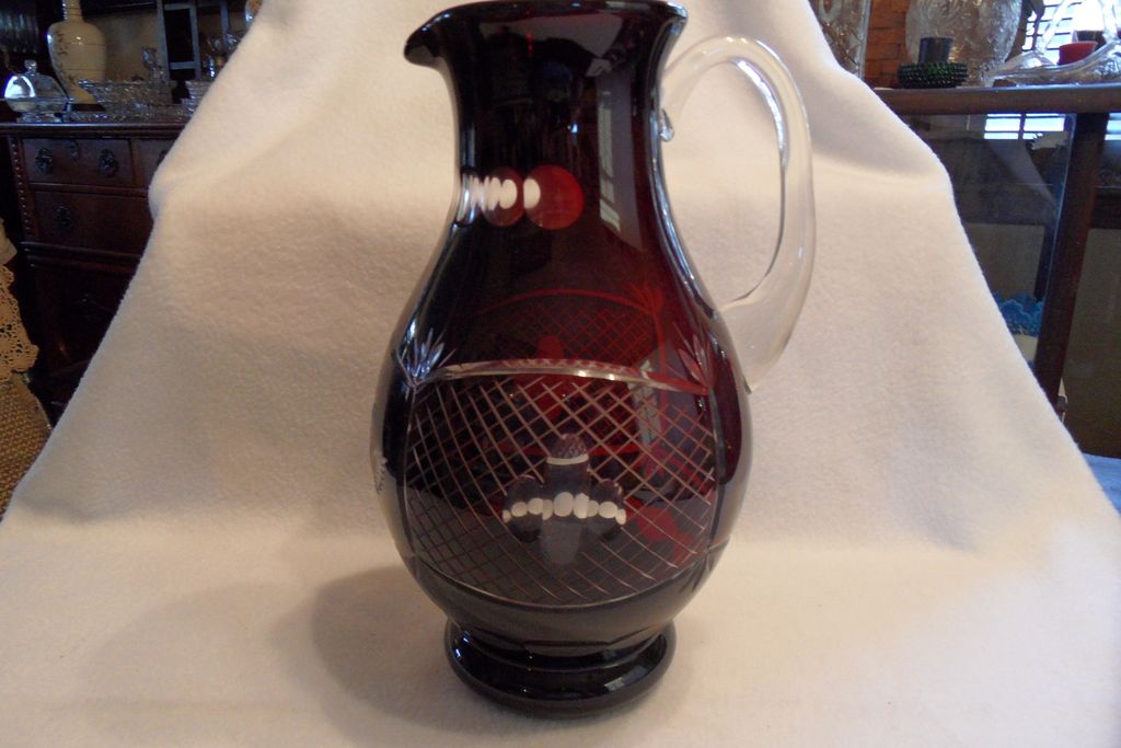 Vintage - Bohemian Ruby Glass Cut to Clear - Pitcher 10" Vintage - Bohemian Ruby Glass Cut to Clear - Pitcher 10"