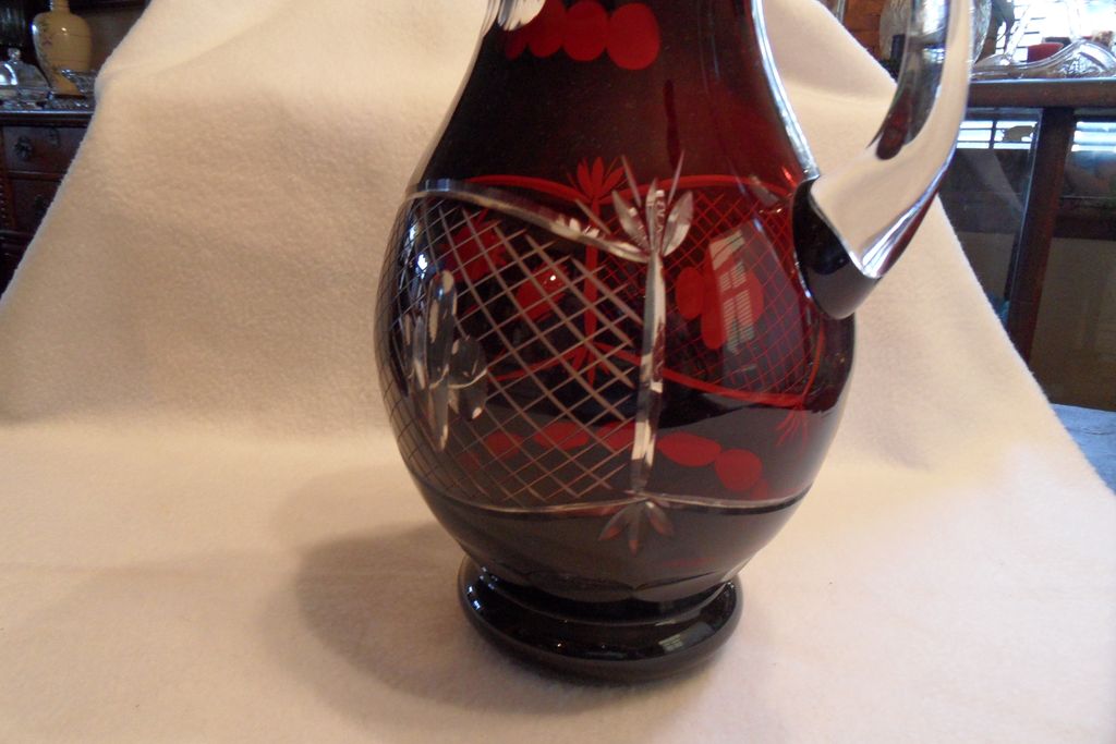 Vintage - Bohemian Ruby Glass Cut to Clear - Pitcher 10" Vintage - Bohemian Ruby Glass Cut to Clear - Pitcher 10"