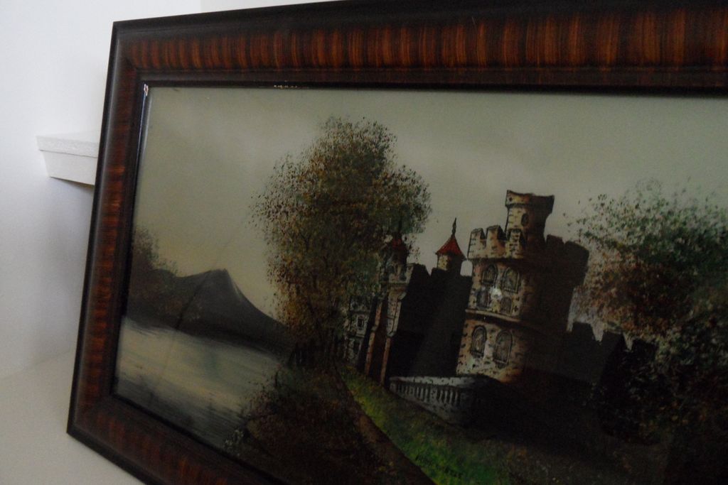 Antique - Reverse Painting on Glass - Tiger Wood Frame - "Irish Castle" Antique - Reverse Painting on Glass - Tiger Wood Frame - "Irish Castle"