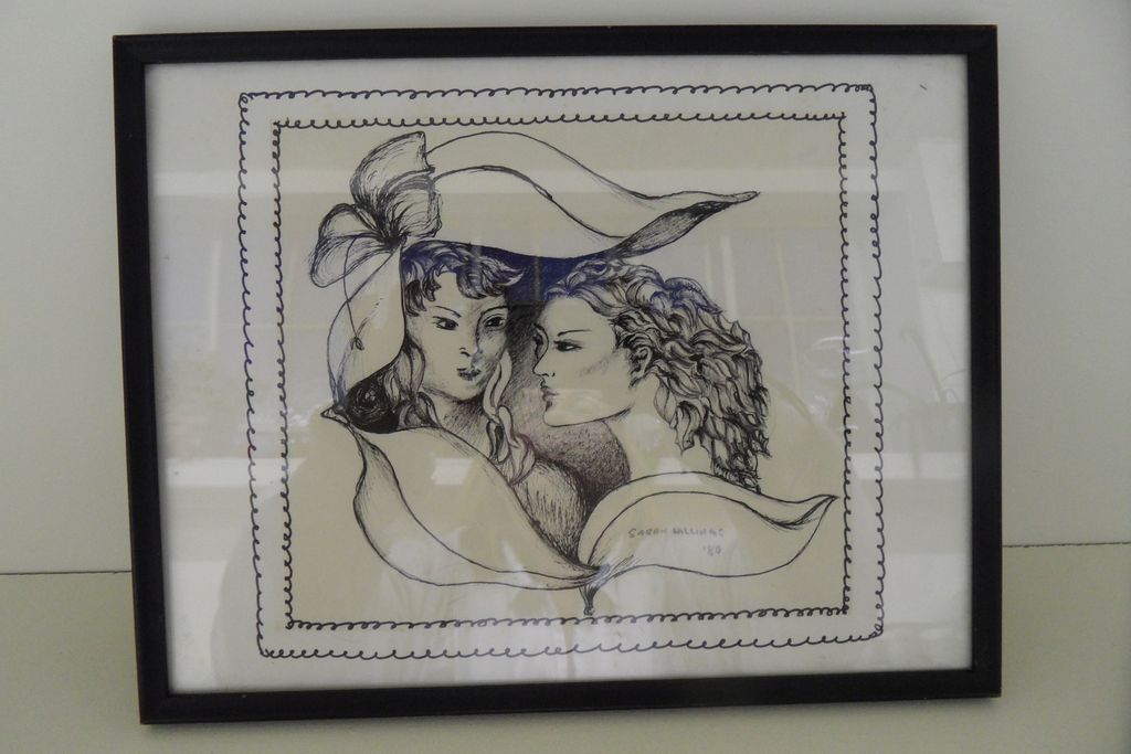 Vintage - Pen and Ink Drawing - Two Girls - 1980 - artist signed, Sarah Williams Vintage - Pen and Ink Drawing - Two Girls - 1980 - artist signed, Sarah Williams