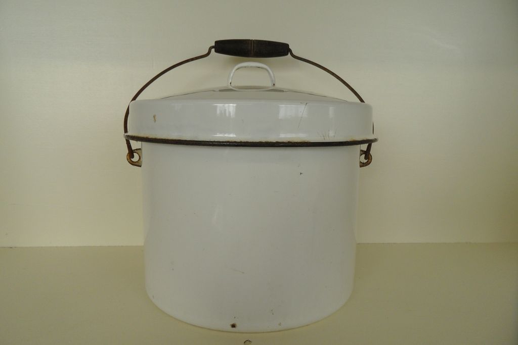 Vintage - Enameled Pail - Wood Handle Vintage - Enameled Pail - Wood Handle