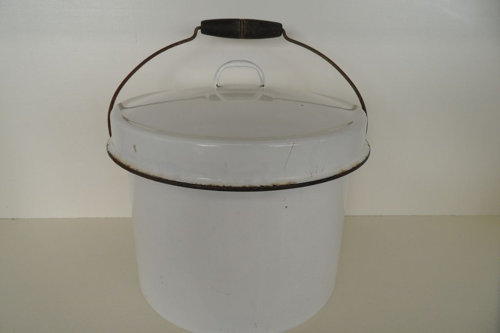 Vintage - Enameled Pail - Wood Handle Vintage - Enameled Pail - Wood Handle